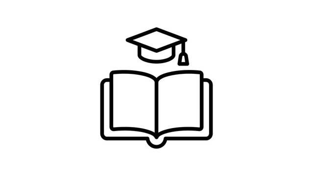 Open book with graduation cap icon black line art for education concept.