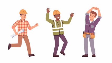 Obraz premium Three construction workers in hard hats are depicted in a stylized illustration, showing different actions and expressions.