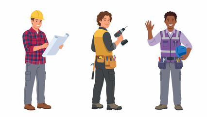 Obraz premium Three construction workers standing together, one holding blueprints, another with a drill, and the third waving hello.