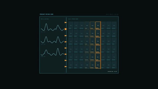 A digital interface shows sound wave patterns alongside a grid of control buttons. The display is dark, emphasizing the bright elements. Motion graphics detail interactivity and data flow
