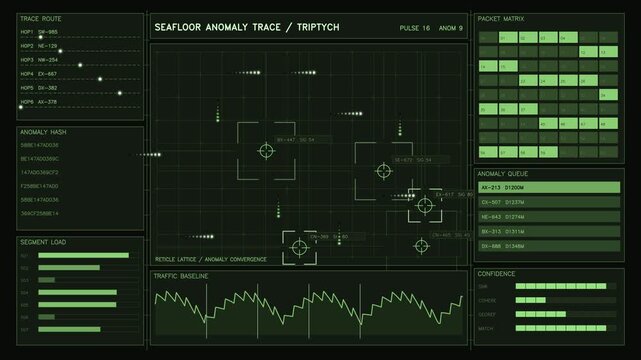 Data and metrics show seafloor anomalies with various graphs and figures. The visuals include measurements of sediment load, packet matrix, and trace routes