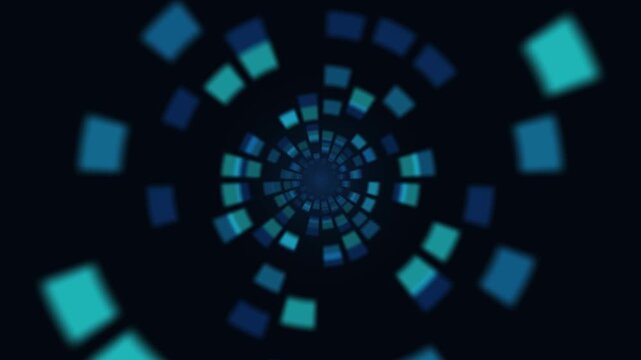 This scene features a swirling pattern of squares in different shades of blue and teal. The movement creates a dynamic visual effect ideal for presentations and media projects