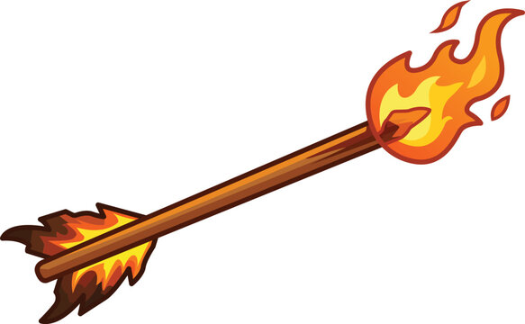 Flaming arrow illustration with orange fire and wooden shaft for fantasy games and archery projects.
