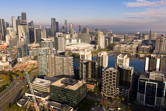 Aerial view of congested highrise buildings in a major city skyline