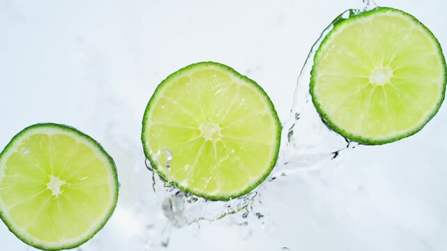 Vibrant green lime slices spinning through crystal clear water splash