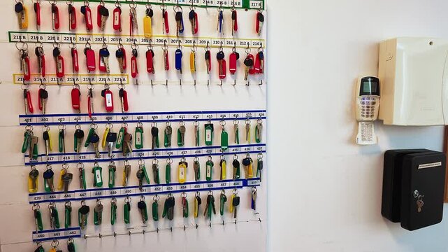 Wall-mounted key rack with labeled keys in an organized office or facility setting