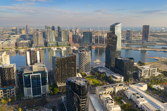 Aerial view of highrise buildings along a inner city river waterfront