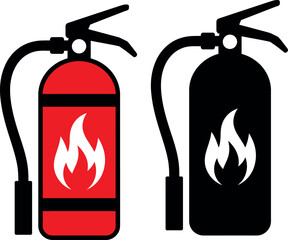 Fire extinguisher icons in red and black color with flames symbol © Raton