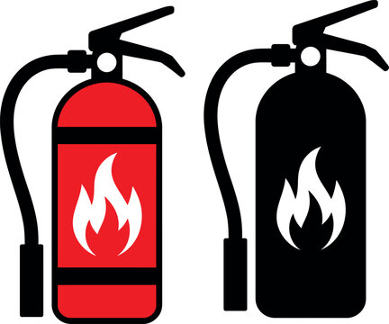 Fire extinguisher icons in red and black color with flames symbol