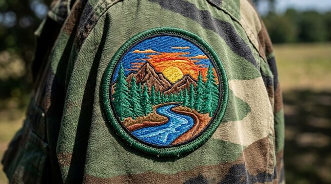 embroidered nature patch on camouflage jacket, mountains, river, sunset