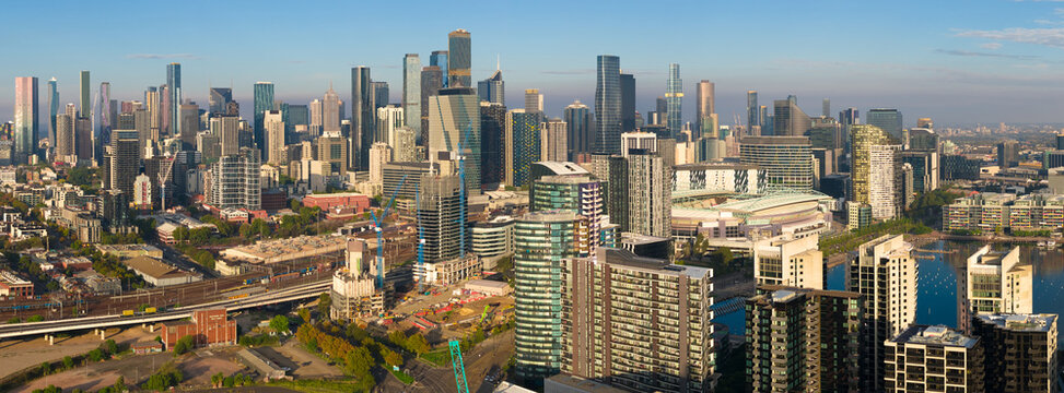 Aerial panorama view of highrise buildings of a major city skyline in afternoon sunshine