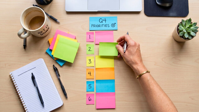 Hand arranging colorful sticky notes for quarterly marketing plan on office desk, representing task organization and strategy planning