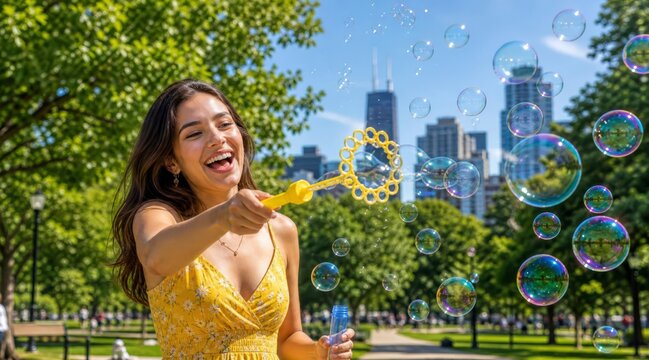 Young woman blowing soap bubbles in a sunlit public park