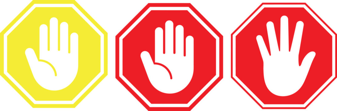 Hand stop warning icon set with caution and prohibition symbols