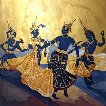 Traditional Thai mural painting featuring four dancing figures in gold and blue.