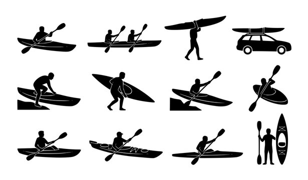 Set of black silhouette icons depicting various kayaking activities and equipment transport on a white background