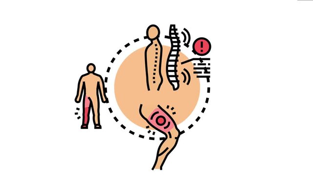 Orthopedic pain symptoms displaying a human silhouette with knee and spine discomfort, indicating arthritis or joint inflammation disease