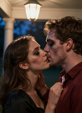Captures Close Moment Two Individuals Appear To In Middle Of Intimate Kiss Person On Left Female With Dark Hair Styled Around Shoulders