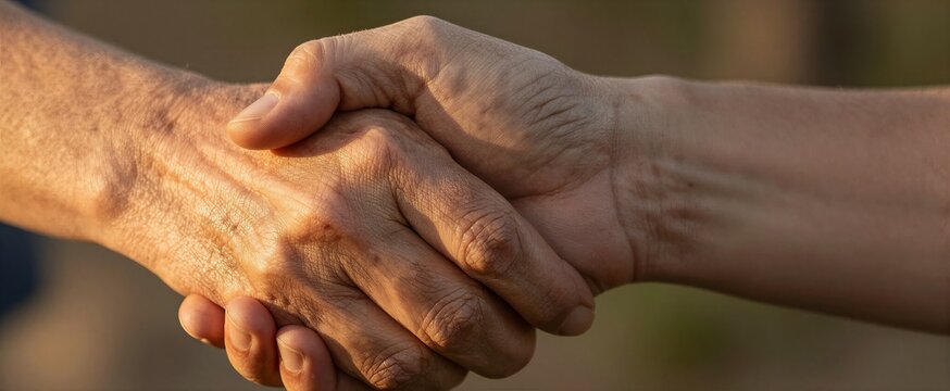 Captures Close Of Two Hands Clasped Together In To Gesture Unity Agreement Skin Texture Prominent Indicating Mature Age With Lines