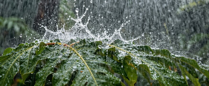 Captures Close View Of Green Leaves With Water Droplets Clinging To Surfaces Suggesting Recent Rainfall Watering Focus On Central Leaf
