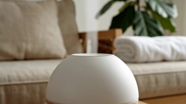 Modern round wooden aroma diffuser releasing fragrant steam in a cozy living room interior with sofa and plants