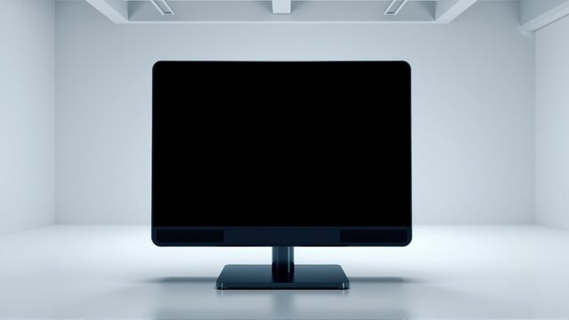 Minimalist studio setup features dark monitor centered within bright white room. Clean lines, simple design, focus on screen.