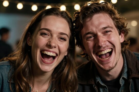 Captures Young Man Woman In Close Proximity Sharing Intense Moment Of Laughter Joy On Left Side Frame With Hair Styled Loose Waves
