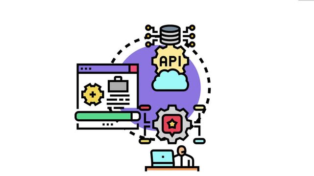 Centralized system managing a joint project. Utilizing cloud api integration for seamless data exchange between web interfaces. Databases. And a person working on a laptop. Ensuring efficient workflow