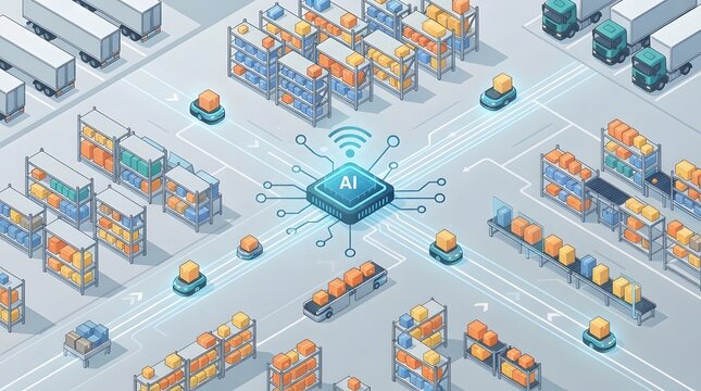 Automated smart warehouse with artificial intelligence controlling autonomous robots and logistics operations.