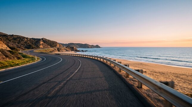 Coastal Highway Serenity: A winding asphalt road hugs the coastline, with the calm ocean on one side and golden sand beaches on the other, under a serene twilight sky.