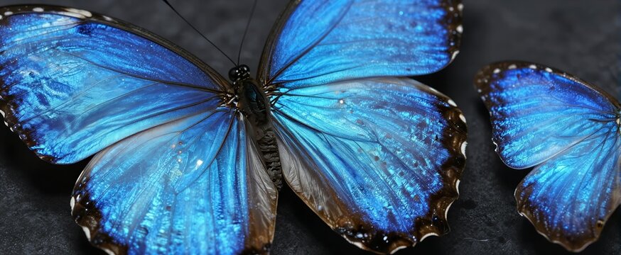 Close Of Two Butterflies With Striking Blue Wings Exhibit Iridescent Qualities Due To Play Light On Scales Larger Butterfly In Entirety