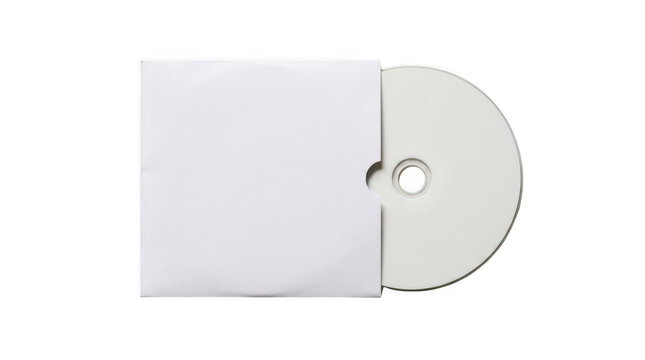 White paper cd sleeve envelope with compact disc inside, isolated on transparent background