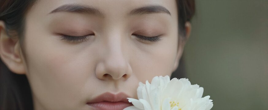 Close Portrait Of Individual With Eyes Closed In To Serene State Person Smooth Fair Skin Subtle Makeup Includes Defined Eyebrows Smoky
