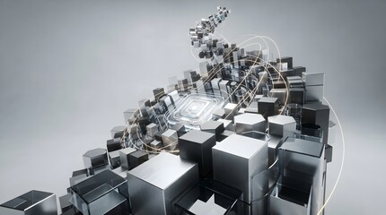 Fototapeta premium Abstract 3D rendering of digital technology with geometric cubes and glowing data connections.