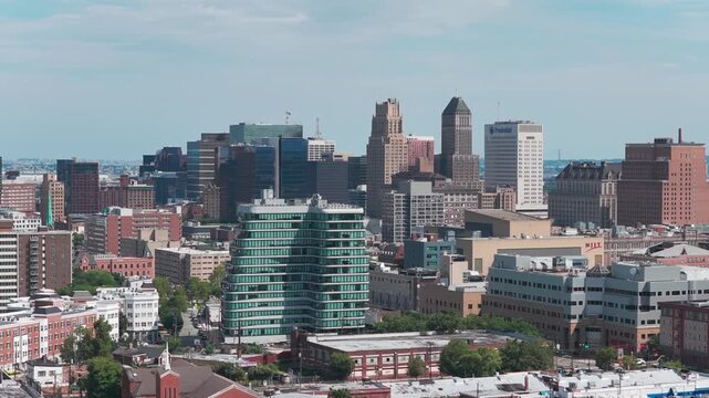 Telephoto aerial view of high-rise buildings in downtown Newark, New Jersey, 4K