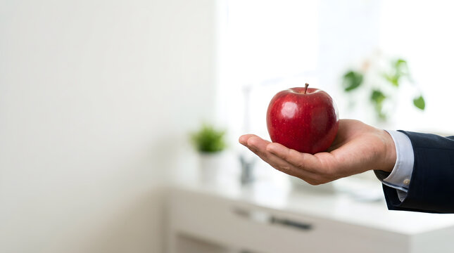 Business person holding a fresh red apple in an office setting