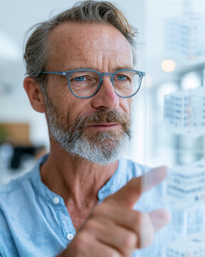 Man with glasses and beard points thoughtfully. His expression shows calm focus and intention. He stands indoors near a bright window. Professional and thoughtful. Clear focus, natural lighting