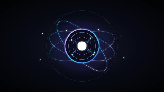 Glowing atom structure animation featuring vibrant neon orbits and rotating particles representing complex scientific quantum physics concepts in a dark digital space environment this motion clip disp