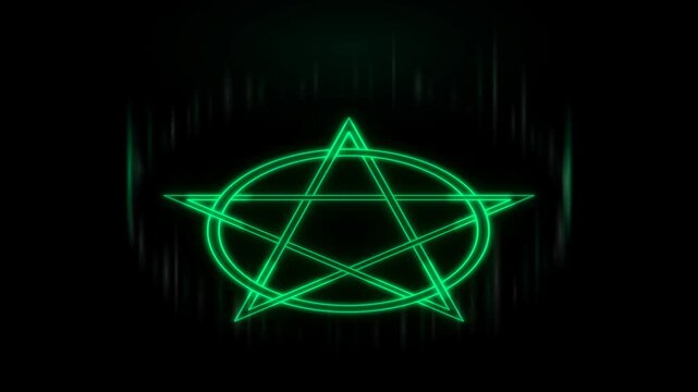 Green neon pentagram magic circle ignites around its ring then flares at the core in 4K on black background for luma key overlay