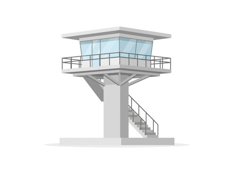 Airport control tower icon featuring modern architecture with windows and stairs isolated on a clean white background for transport graphics