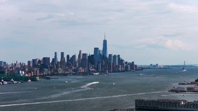 Cinematic long-shot of downtown Manhattan Skyline, NYC, aerial view, 4K