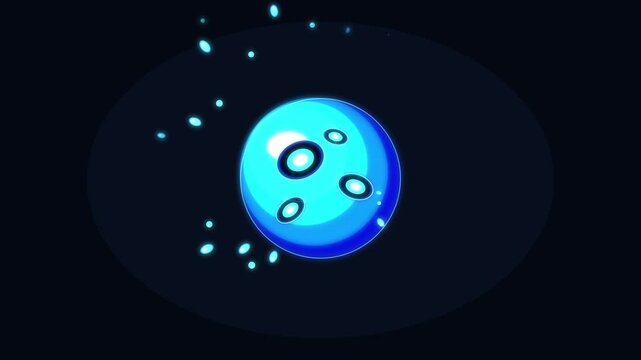 Looping 3d animation of a blue sphere with craters ejecting blue liquid drops, futuristic motion graphic
