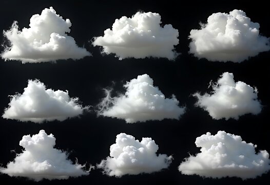 Nine fluffy white clouds isolated on black background, cumulus formations in rows, nature weather elements for design, banners and overlays.