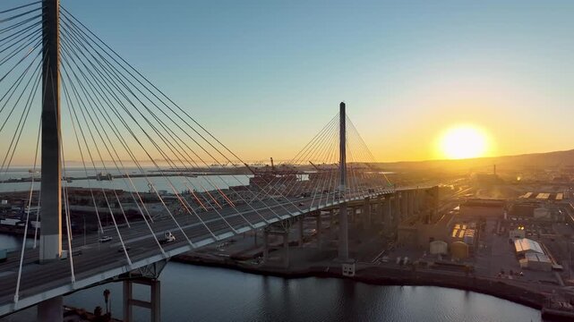 flying my drone near the long beach bridge near sunset