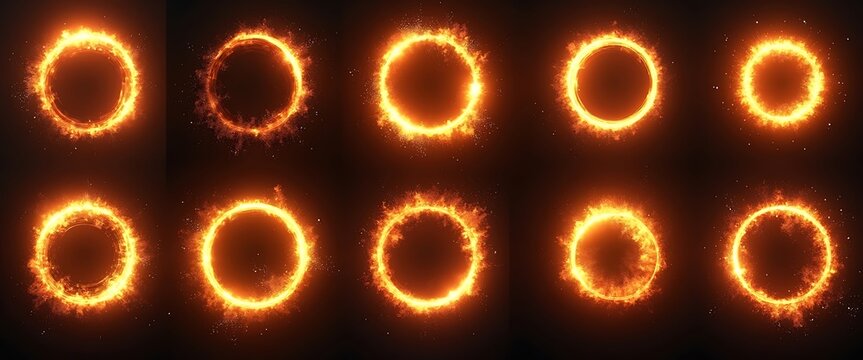 collection of ten fiery orange rings with glowing embers and sparks forming circles on black background for symbolic power energy.