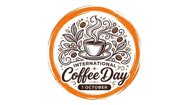 International coffee day round sticker badge illustration on isolated white background with coffee beans