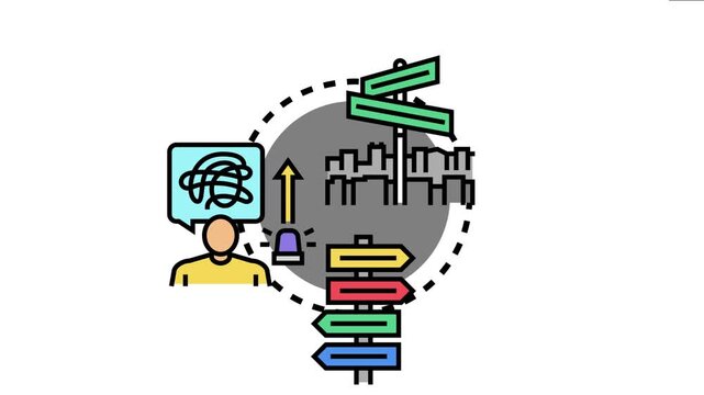 Person facing a dilemma, navigating a complex path with a warning signal, contemplating various directional choices and the challenges of decision making on a future journey