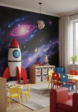Childs room with rocket and galaxy mural creating playful interior design