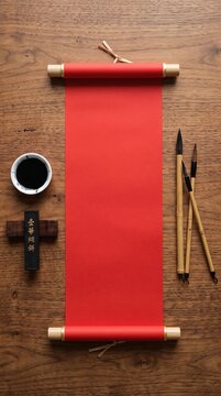 Red scroll paper with calligraphy brushes and ink for Chinese New Year decoration