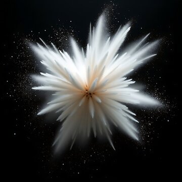 White powder explosion frozen in time with glittering particles against dark background, abstract design element for decoration or celebration.